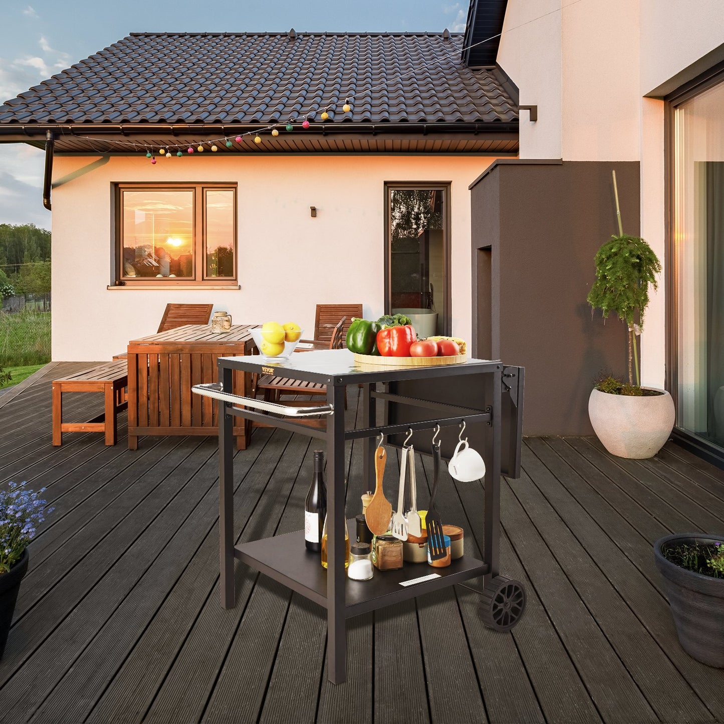 Servierwagen für Grill und Essbereich mit Doppelablage, fahrbarer Grilltisch, multifunktionale, klappbare Tischplatte aus Eisen, tragbarer modularer Wagen für Pizzaofen, Arbeitsfläche mit 2 Rädern, Tragegriff