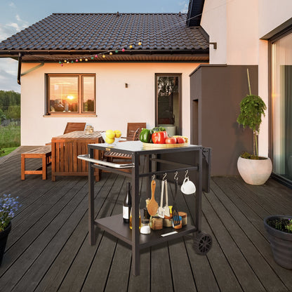 Servierwagen für Grill und Essbereich mit Doppelablage, fahrbarer Grilltisch, multifunktionale, klappbare Tischplatte aus Eisen, tragbarer modularer Wagen für Pizzaofen, Arbeitsfläche mit 2 Rädern, Tragegriff