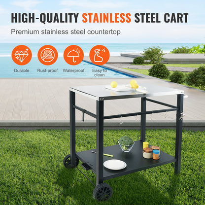 Outdoor Grill Dining Cart with Double-Shelf, BBQ Movable Food Prep Table, Multifunctional Stainless Steel Table Top, Portable Modular Carts for Pizza Oven, Worktable with 2 Wheels, Carry Handle