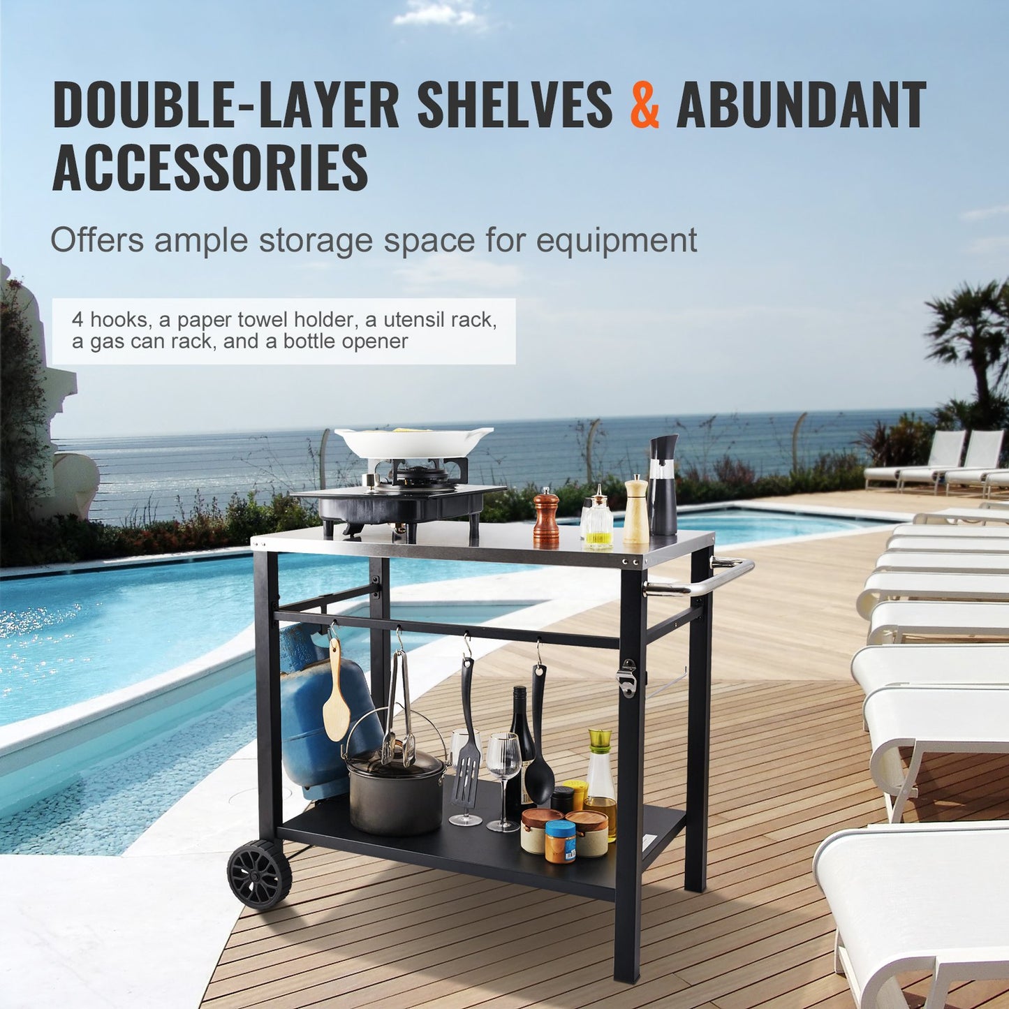 Outdoor Grill Dining Cart with Double-Shelf, BBQ Movable Food Prep Table, Multifunctional Stainless Steel Table Top, Portable Modular Carts for Pizza Oven, Worktable with 2 Wheels, Carry Handle