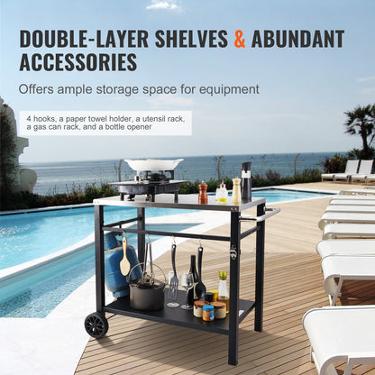 Outdoor Grill Dining Cart with Double-Shelf, BBQ Movable Food Prep Table, Multifunctional Stainless Steel Table Top, Portable Modular Carts for Pizza Oven, Worktable with 2 Wheels, Carry Handle