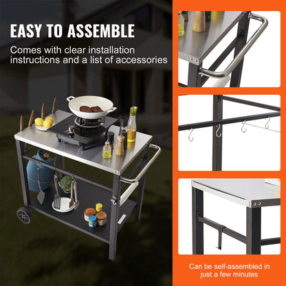Outdoor Grill Dining Cart with Double-Shelf, BBQ Movable Food Prep Table, Multifunctional Stainless Steel Table Top, Portable Modular Carts for Pizza Oven, Worktable with 2 Wheels, Carry Handle