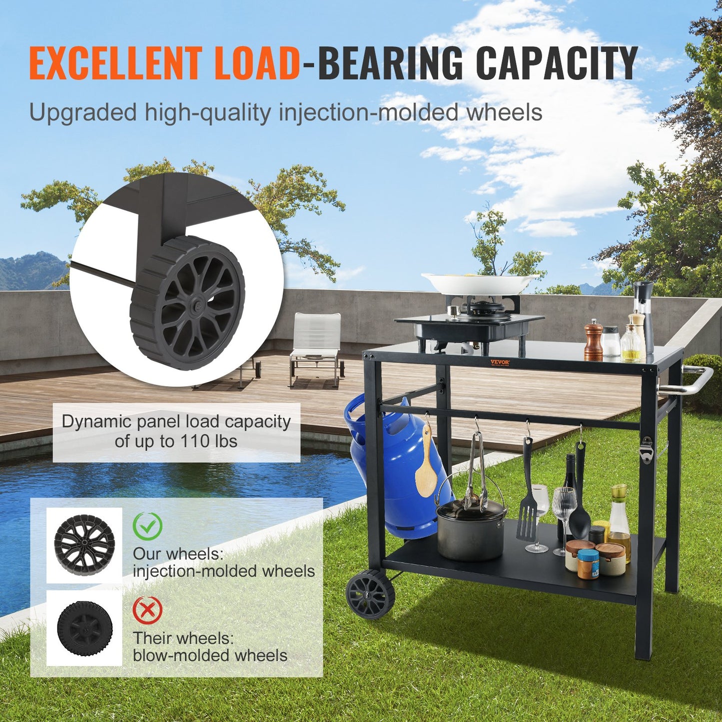 Servierwagen für Grill und Pizzaofen mit Doppelablage, fahrbarer Grilltisch, multifunktionale Tischplatte aus Eisen, tragbarer Modulwagen, Arbeitsfläche mit 2 Rädern, Tragegriff, Schwarz