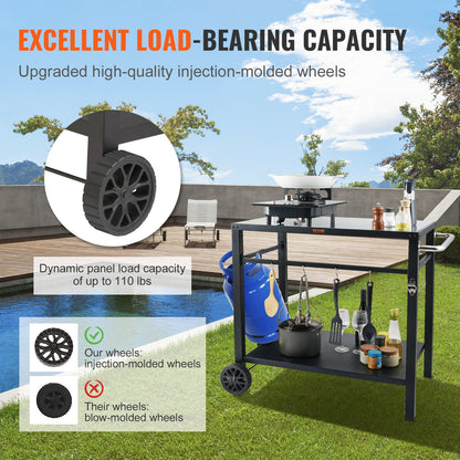 Servierwagen für Grill und Pizzaofen mit Doppelablage, fahrbarer Grilltisch, multifunktionale Tischplatte aus Eisen, tragbarer Modulwagen, Arbeitsfläche mit 2 Rädern, Tragegriff, Schwarz
