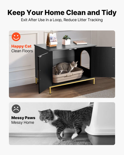 Cat Litter Box Enclosure Furniture, 70 cm Hidden Litter Box Cabinet with Metal Legs & Handle, Modern Style Cat Washroom House End Table, Fit Most of Litterbox, for Bedroom Living Room