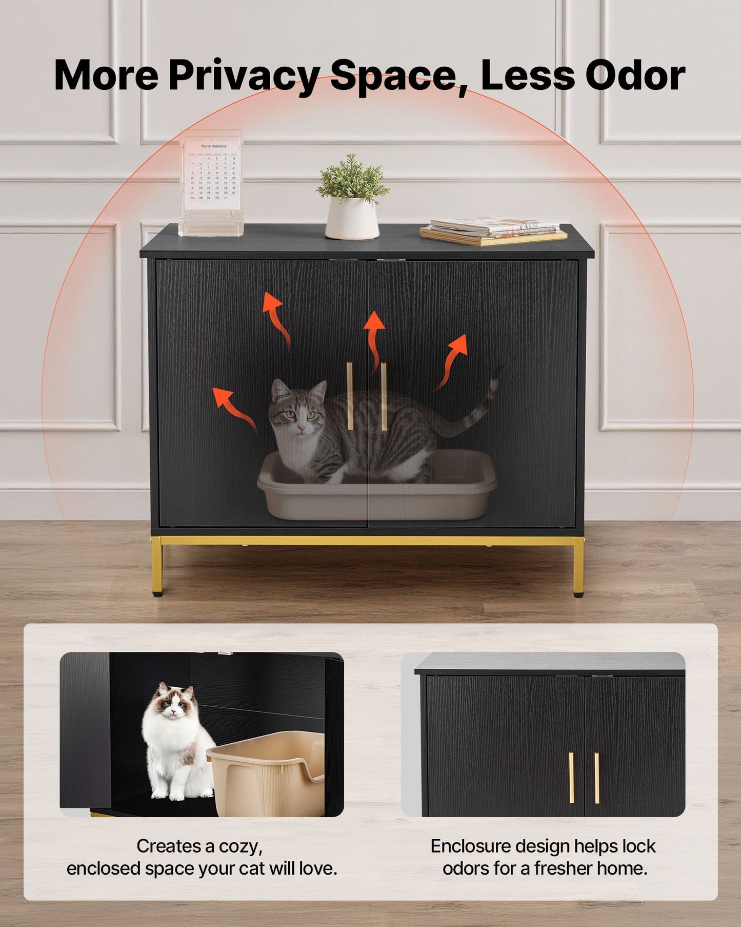 Cat Litter Box Enclosure Furniture, 70 cm Hidden Litter Box Cabinet with Metal Legs & Handle, Modern Style Cat Washroom House End Table, Fit Most of Litterbox, for Bedroom Living Room