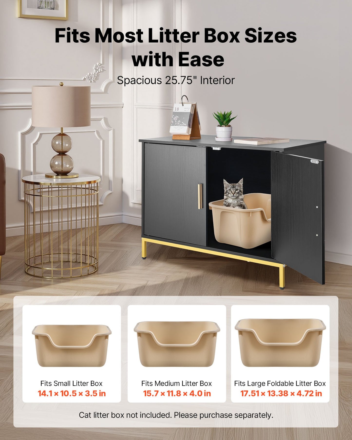 Cat Litter Box Enclosure Furniture, 70 cm Hidden Litter Box Cabinet with Metal Legs & Handle, Modern Style Cat Washroom House End Table, Fit Most of Litterbox, for Bedroom Living Room