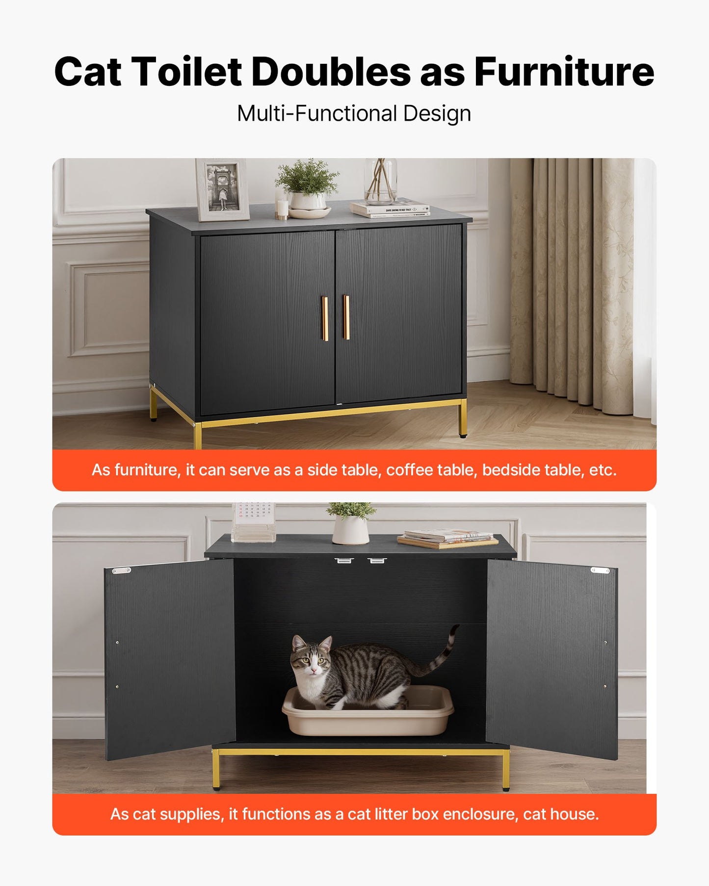 Cat Litter Box Enclosure Furniture, 70 cm Hidden Litter Box Cabinet with Metal Legs & Handle, Modern Style Cat Washroom House End Table, Fit Most of Litterbox, for Bedroom Living Room
