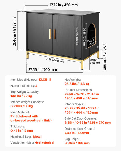 Cat Litter Box Enclosure Furniture, 70 cm Hidden Litter Box Cabinet with Metal Legs & Handle, Modern Style Cat Washroom House End Table, Fit Most of Litterbox, for Bedroom Living Room