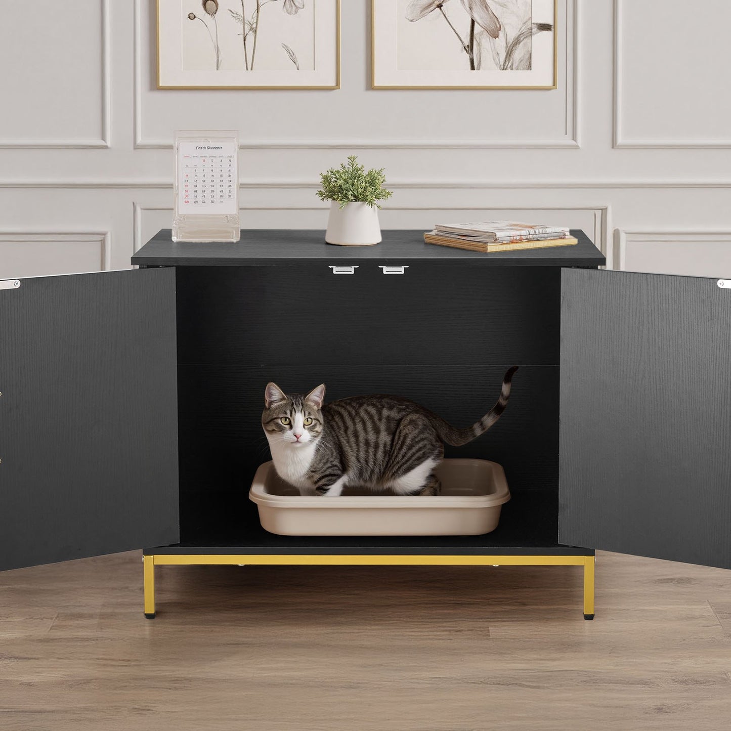 Cat Litter Box Enclosure Furniture, 70 cm Hidden Litter Box Cabinet with Metal Legs & Handle, Modern Style Cat Washroom House End Table, Fit Most of Litterbox, for Bedroom Living Room