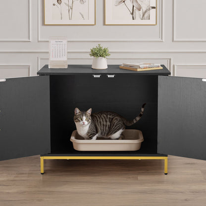 Cat Litter Box Enclosure Furniture, 70 cm Hidden Litter Box Cabinet with Metal Legs & Handle, Modern Style Cat Washroom House End Table, Fit Most of Litterbox, for Bedroom Living Room
