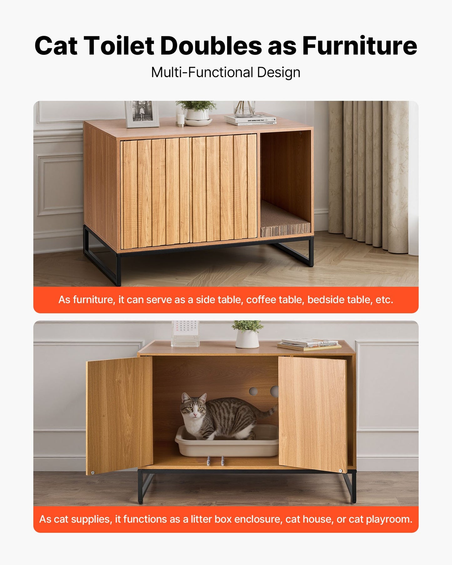 Cat Litter Box Enclosure Furniture, 80 cm Hidden Litter Box Cabinet with Scratch Pad & Storage, Waterproof Cat Washroom End Table Cat House, Fit Most of Litterbox, for Bedroom Living Room