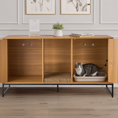 Cat Litter Box Enclosure Furniture, 120 cm Hidden Litter Box Cabinet with Scratch Pad & Storage, Waterproof Cat Washroom End Table Cat House, Fit Most of Litterbox, for Bedroom Living Room