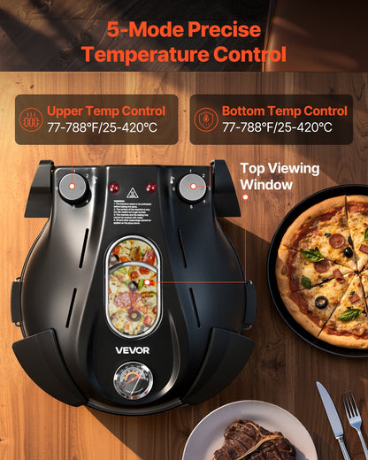 Pizza Oven, 304.8 mm Electric Pizza Maker, 1200W Electric Pizzas Cooker with Cordierite Stone, 5-Mode Temperature Control, Viewing Window for Precise Cooking, Heats up to 420℃, for Home (Black)