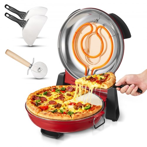Pizzaofen, 304,8 mm elektrischer Pizzaofen, 1200 W elektrischer Pizzaofen mit Cordieritstein, 5-stufige Temperaturregelung, Sichtfenster für präzises Garen, heizt bis zu 420 °C auf, für den Hausgebrauch (Rot)