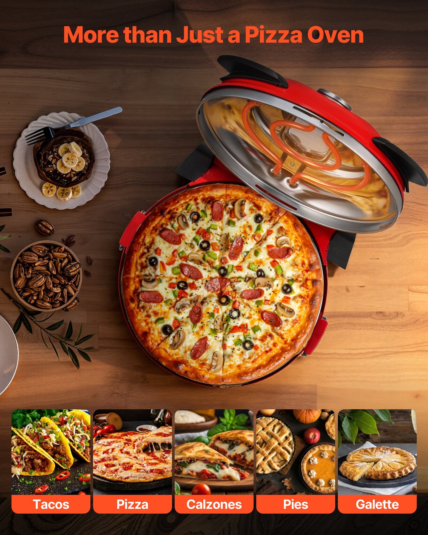 Pizzaofen, 304,8 mm elektrischer Pizzaofen, 1200 W elektrischer Pizzaofen mit Cordieritstein, 5-stufige Temperaturregelung, Sichtfenster für präzises Garen, heizt bis zu 420 °C auf, für den Hausgebrauch (Rot)