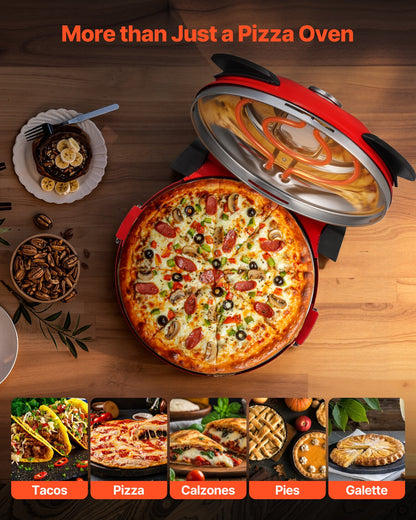 Pizzaofen, 304,8 mm elektrischer Pizzaofen, 1200 W elektrischer Pizzaofen mit Cordieritstein, 5-stufige Temperaturregelung, Sichtfenster für präzises Garen, heizt bis zu 420 °C auf, für den Hausgebrauch (Rot)