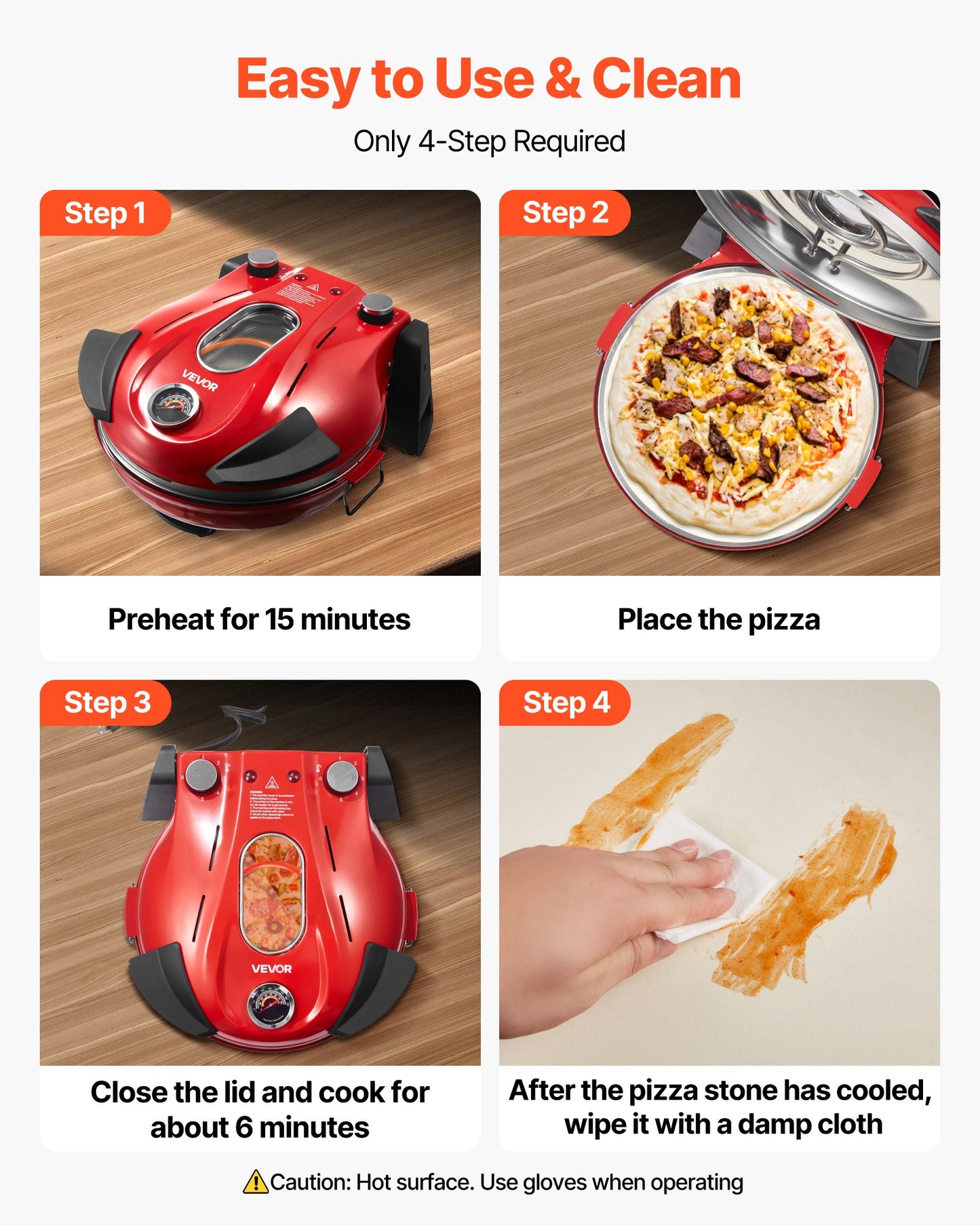 Pizzaofen, 304,8 mm elektrischer Pizzaofen, 1200 W elektrischer Pizzaofen mit Cordieritstein, 5-stufige Temperaturregelung, Sichtfenster für präzises Garen, heizt bis zu 420 °C auf, für den Hausgebrauch (Rot)