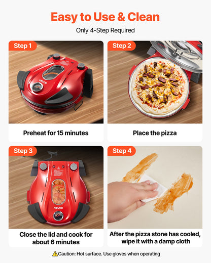 Pizzaofen, 304,8 mm elektrischer Pizzaofen, 1200 W elektrischer Pizzaofen mit Cordieritstein, 5-stufige Temperaturregelung, Sichtfenster für präzises Garen, heizt bis zu 420 °C auf, für den Hausgebrauch (Rot)