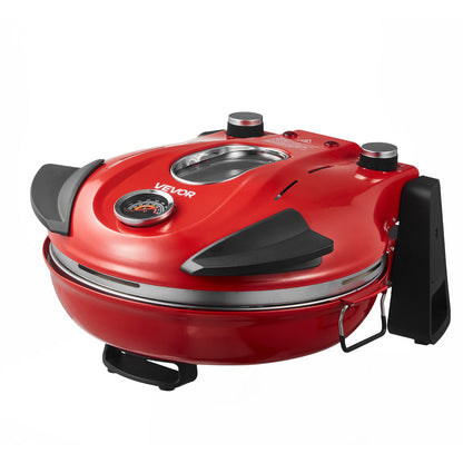 Pizzaofen, 304,8 mm elektrischer Pizzaofen, 1200 W elektrischer Pizzaofen mit Cordieritstein, 5-stufige Temperaturregelung, Sichtfenster für präzises Garen, heizt bis zu 420 °C auf, für den Hausgebrauch (Rot)
