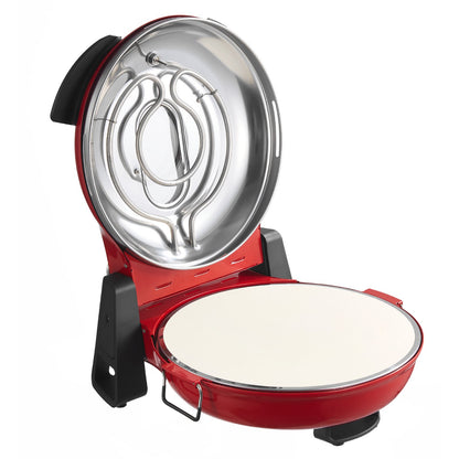 Pizzaofen, 304,8 mm elektrischer Pizzaofen, 1200 W elektrischer Pizzaofen mit Cordieritstein, 5-stufige Temperaturregelung, Sichtfenster für präzises Garen, heizt bis zu 420 °C auf, für den Hausgebrauch (Rot)