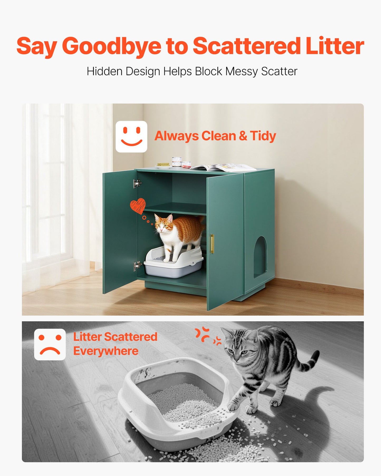 Cat Litter Box Enclosure, 80 cm Hidden Litter Box Cabinet, Wooden Indoor Cat Washroom with Ventilated Holes, Double-Door Kitty Pet House Furniture, End Side Table Fit Most Litterboxes