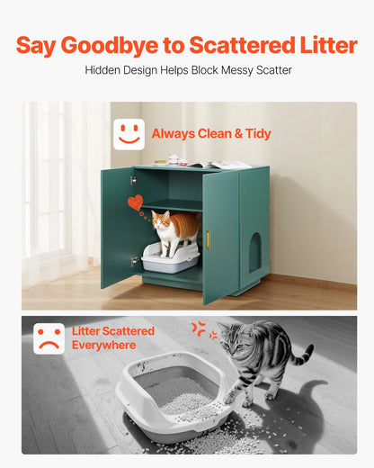 Cat Litter Box Enclosure, 80 cm Hidden Litter Box Cabinet, Wooden Indoor Cat Washroom with Ventilated Holes, Double-Door Kitty Pet House Furniture, End Side Table Fit Most Litterboxes