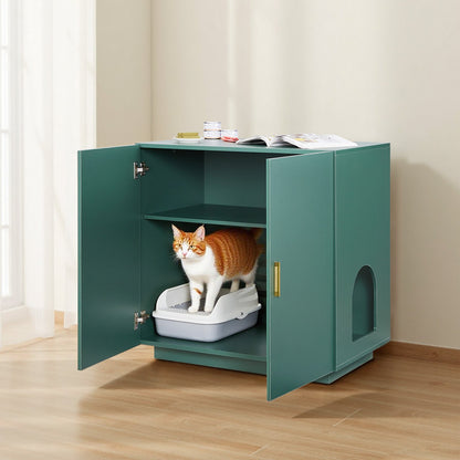 Cat Litter Box Enclosure, 80 cm Hidden Litter Box Cabinet, Wooden Indoor Cat Washroom with Ventilated Holes, Double-Door Kitty Pet House Furniture, End Side Table Fit Most Litterboxes