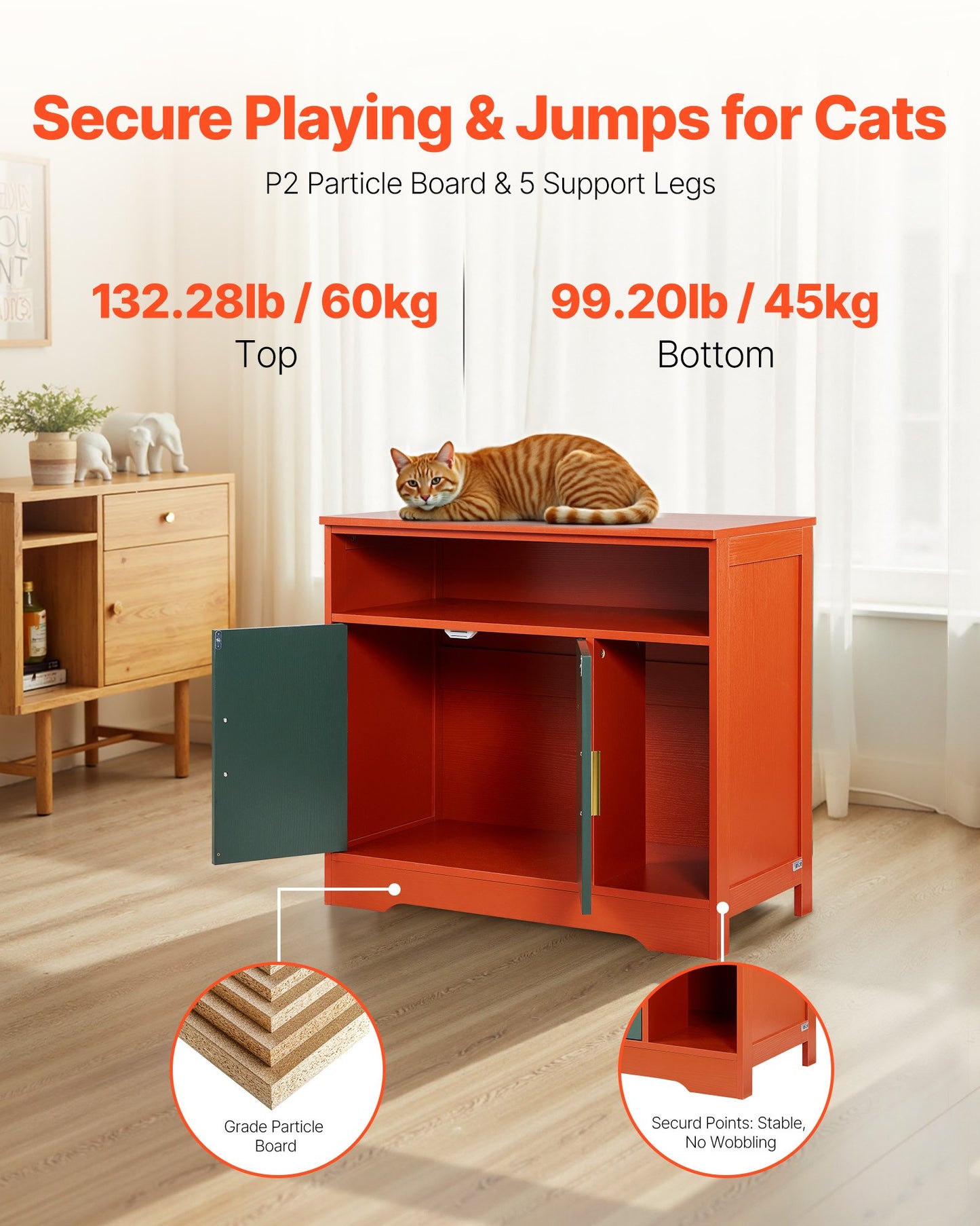 Cat Litter Box Enclosure, 79.2 cm Hidden Litter Box Cabinet with Shelf & Storage, Modern Style Indoor Cat Washroom, Wooden Kitty House Furniture End Table, Fit Most Litterboxes, Red & Green