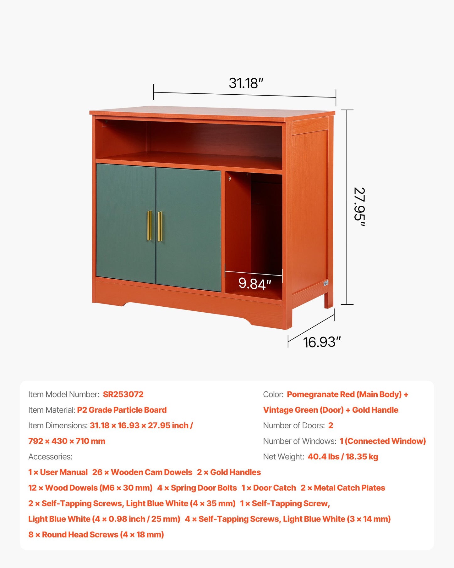 Cat Litter Box Enclosure, 79.2 cm Hidden Litter Box Cabinet with Shelf & Storage, Modern Style Indoor Cat Washroom, Wooden Kitty House Furniture End Table, Fit Most Litterboxes, Red & Green