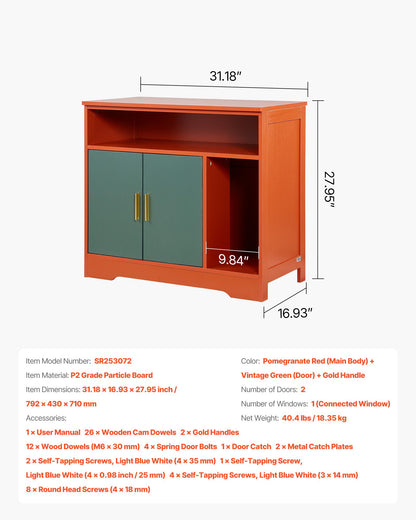 Cat Litter Box Enclosure, 79.2 cm Hidden Litter Box Cabinet with Shelf & Storage, Modern Style Indoor Cat Washroom, Wooden Kitty House Furniture End Table, Fit Most Litterboxes, Red & Green