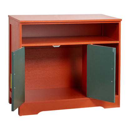 Cat Litter Box Enclosure, 79.2 cm Hidden Litter Box Cabinet with Shelf & Storage, Modern Style Indoor Cat Washroom, Wooden Kitty House Furniture End Table, Fit Most Litterboxes, Red & Green