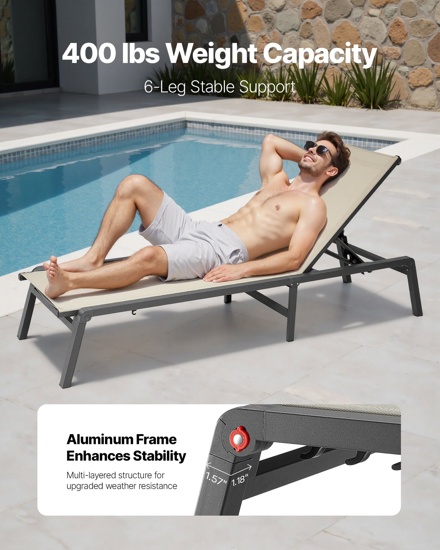 Outdoor Chaise Lounge Chair Set of 2, 181 kg Weight Capacity, Foldable Sun Tanning Chair, 5 Adjustable Positions, Easy Assembly, Aluminum Pool Recliner Lounge Chairs, for Beach Yard Patio