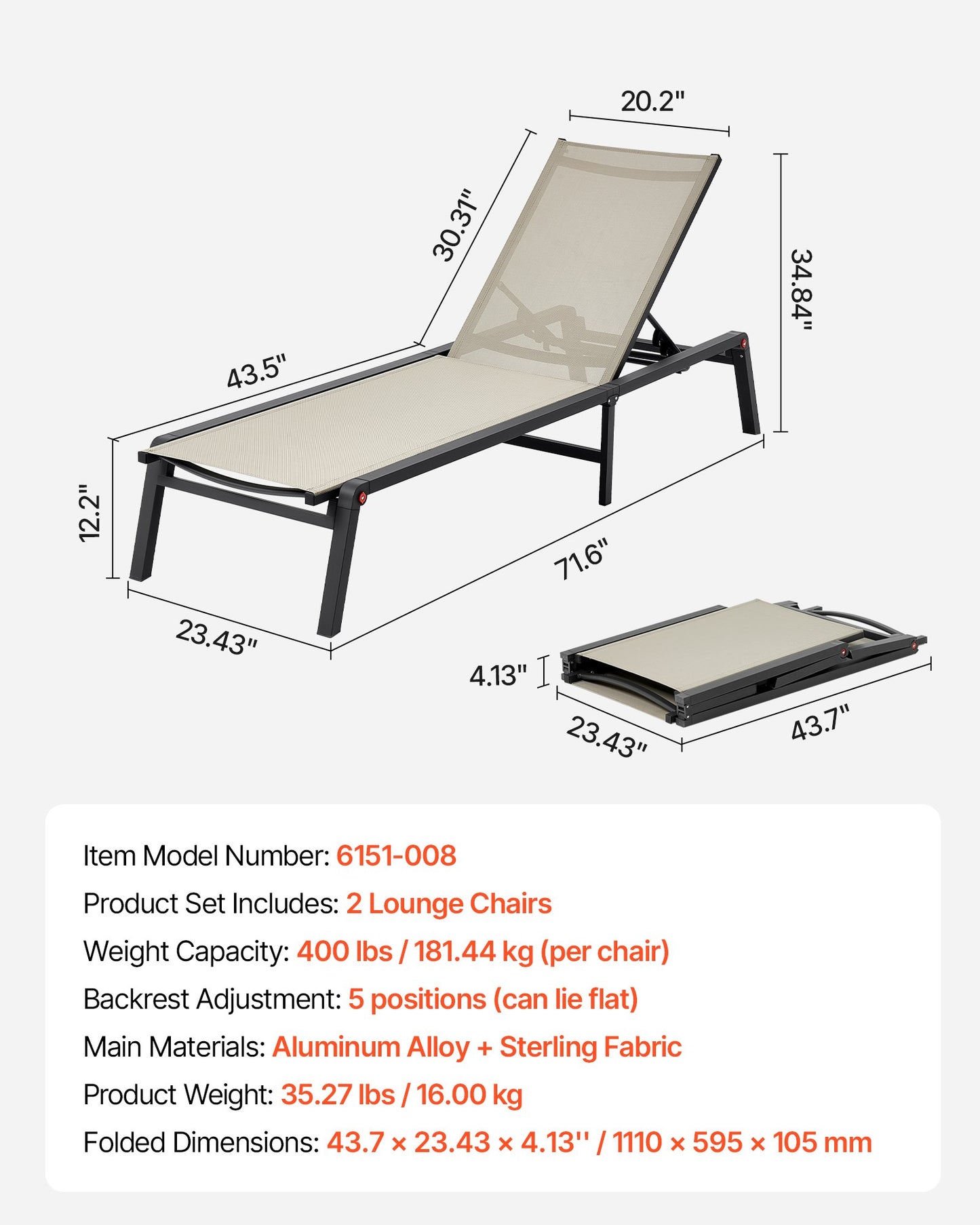 Outdoor Chaise Lounge Chair Set of 2, 181 kg Weight Capacity, Foldable Sun Tanning Chair, 5 Adjustable Positions, Easy Assembly, Aluminum Pool Recliner Lounge Chairs, for Beach Yard Patio