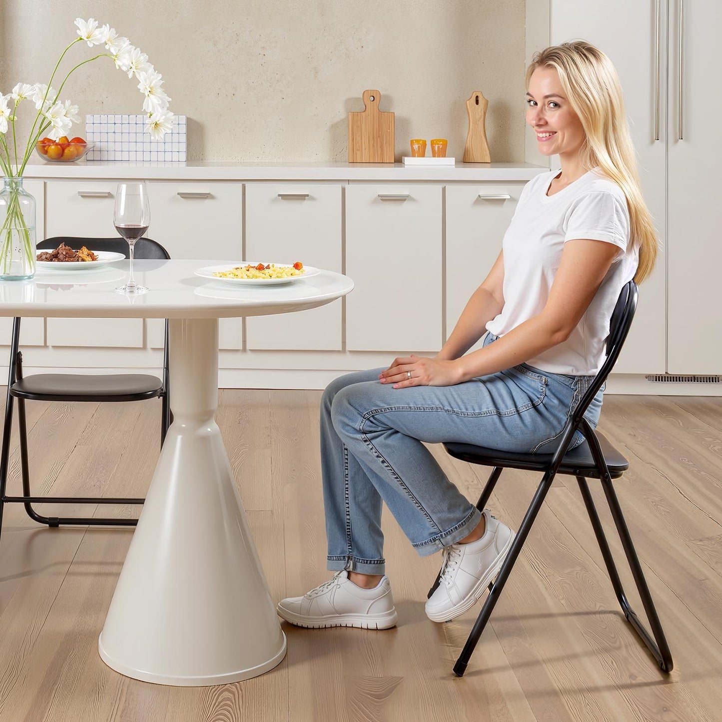 4 Pack Folding Chairs, Foldable Leather Chairs with Heavy Duty Metal Frame & Padded Cushion, Portable Folding Card Table Chairs, Stackable Seats for Home, Yard, Garden, Parties, Events, Black