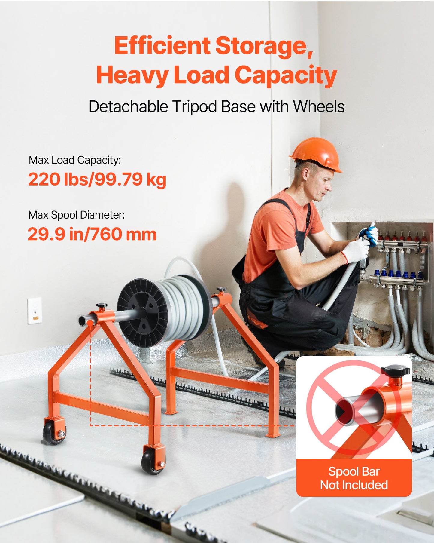 Wire Spool Rack, 100 kg / 220 lbs Load Capacity, Portable Cable Caddy, Moveable Wire Rack with Wheels, Spool Holder, Up to 759mm / 29.9 in Diameter, for Electrical Industrial and Retail Use, Working Efficiency