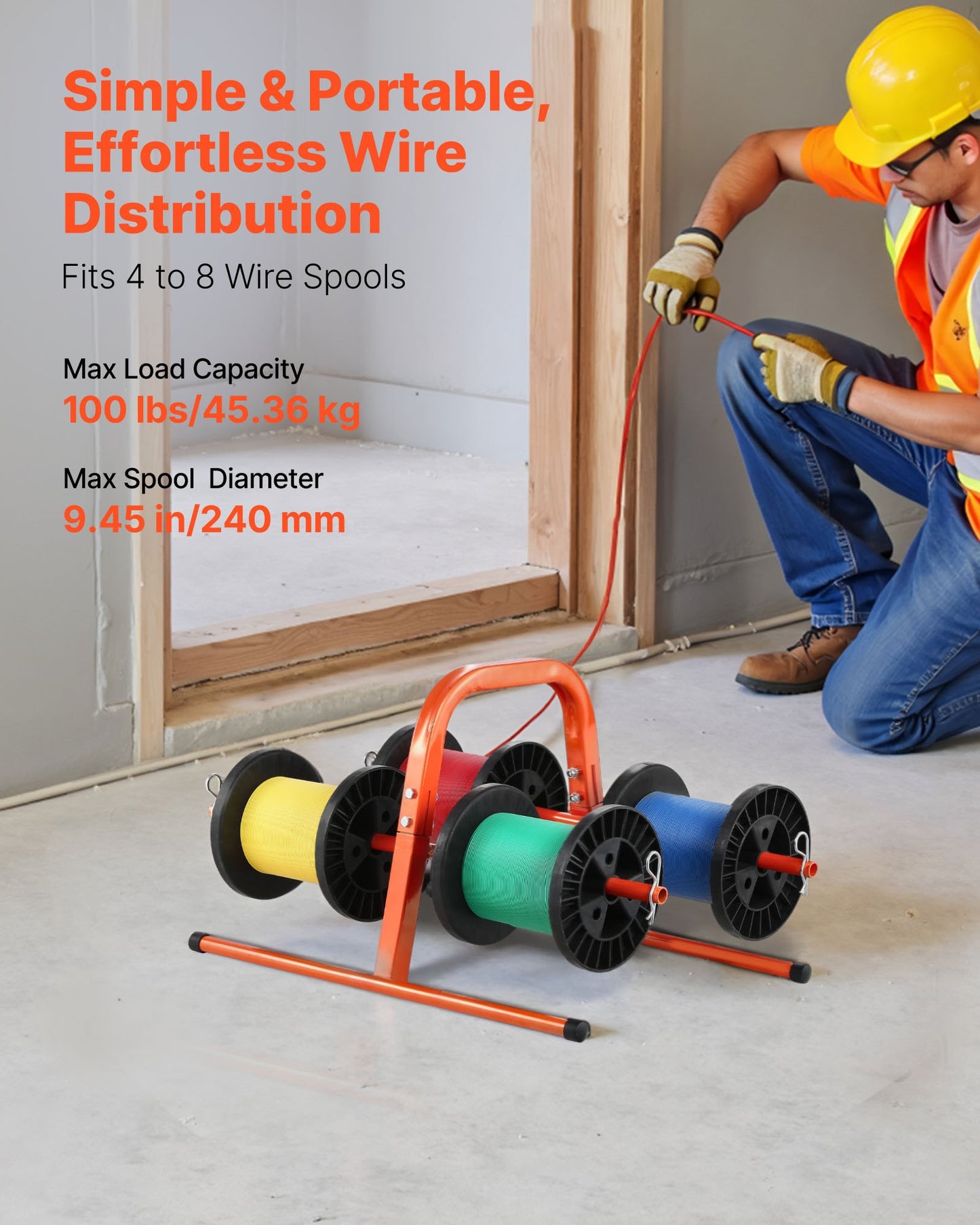 Wire Spool Rack, 45 kg / 100 lbs Capacity, Smart Hand Caddy, Heavy-Duty Steel Wire Dispenser Holder for Up to 8 Spools, MAX 240 mm / 9.45 in Diameter, Easy Lift Design for Electrical Industrial and Retail Use