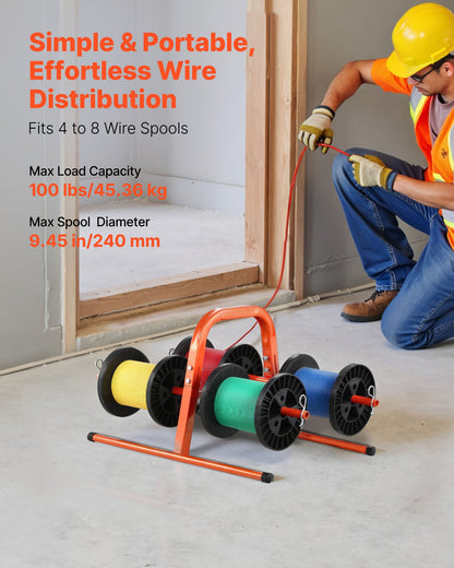 Wire Spool Rack, 45 kg / 100 lbs Capacity, Smart Hand Caddy, Heavy-Duty Steel Wire Dispenser Holder for Up to 8 Spools, MAX 240 mm / 9.45 in Diameter, Easy Lift Design for Electrical Industrial and Retail Use