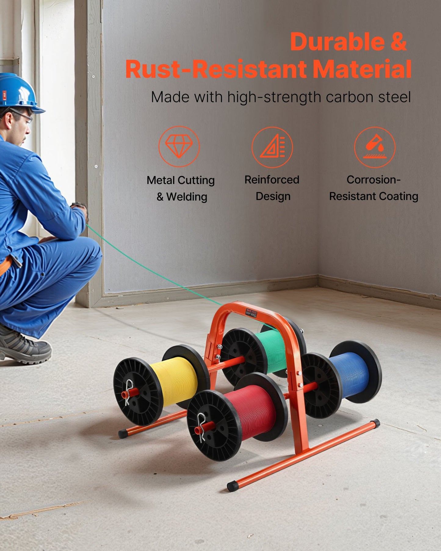 Wire Spool Rack, 45 kg / 100 lbs Capacity, Smart Hand Caddy, Heavy-Duty Steel Wire Dispenser Holder for Up to 8 Spools, MAX 240 mm / 9.45 in Diameter, Easy Lift Design for Electrical Industrial and Retail Use