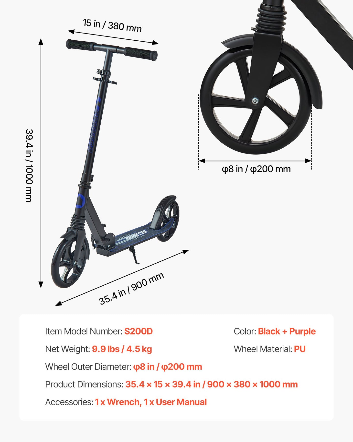 Kick Scooter for Kids Ages 8+, Teens & Adults, 2-Wheel Toddler Scooter with Adjustable Height Handlebar, Wide Anti-Slip Deck, Foldable Lightweight for Boys & Girls up to 99.8 kg, Black + Purple