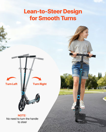 Kick Scooter for Kids Ages 8+, Teens & Adults, 2-Wheel Toddler Scooter with Adjustable Height Handlebar, Wide Anti-Slip Deck, Foldable Lightweight for Boys & Girls up to 99.8 kg, Black + Blue