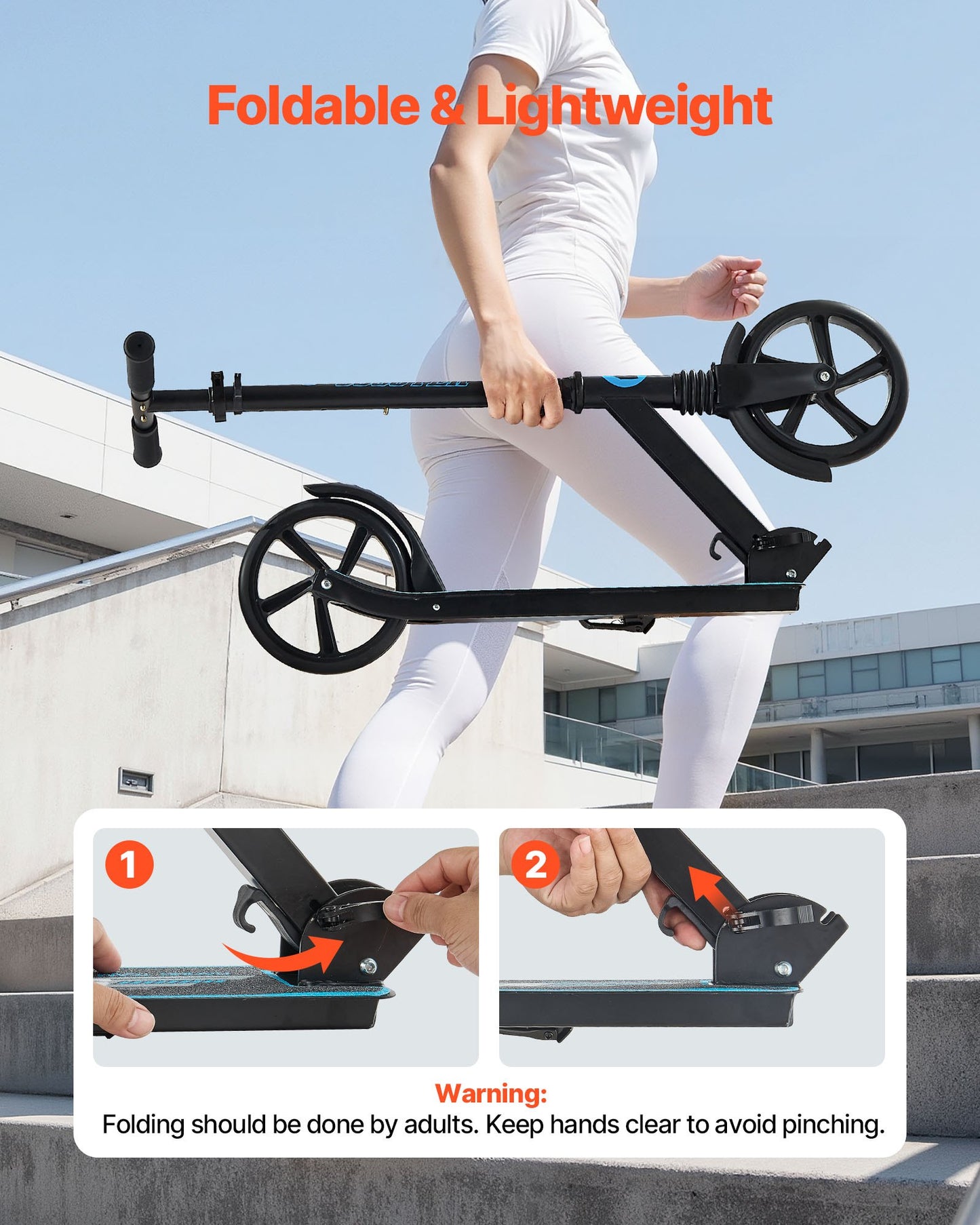 Kick Scooter for Kids Ages 8+, Teens & Adults, 2-Wheel Toddler Scooter with Adjustable Height Handlebar, Wide Anti-Slip Deck, Foldable Lightweight for Boys & Girls up to 99.8 kg, Black + Blue