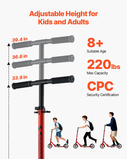 Kick Scooter for Kids Ages 8+, Teens & Adults, 2-Wheel Toddler Scooter with Adjustable Height Handlebar, Wide Anti-Slip Deck, Foldable Lightweight for Boys & Girls up to 99.8 kg, Red + Black