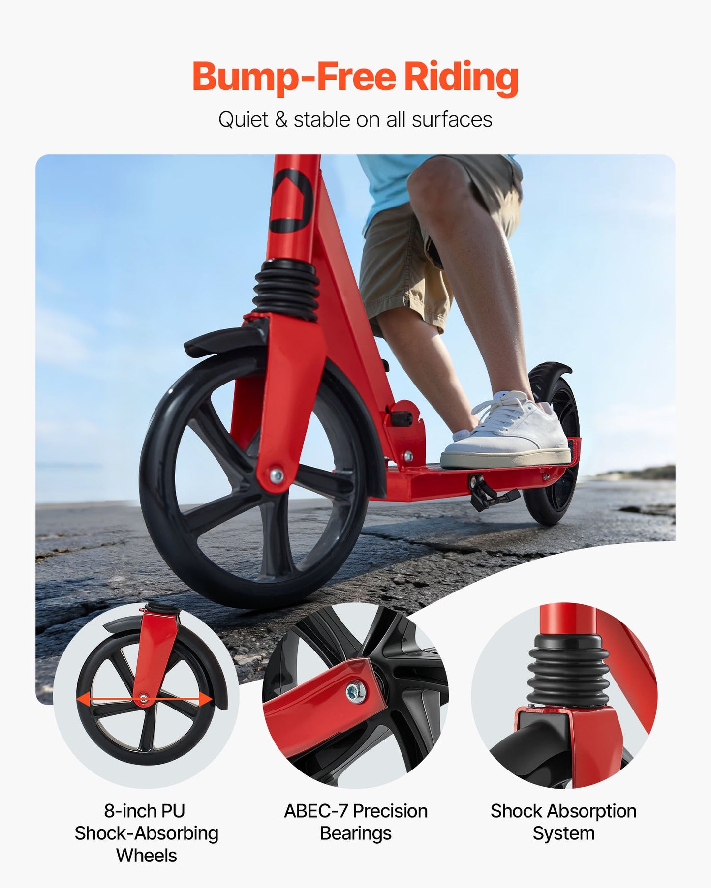 Kick Scooter for Kids Ages 8+, Teens & Adults, 2-Wheel Toddler Scooter with Adjustable Height Handlebar, Wide Anti-Slip Deck, Foldable Lightweight for Boys & Girls up to 99.8 kg, Red + Black