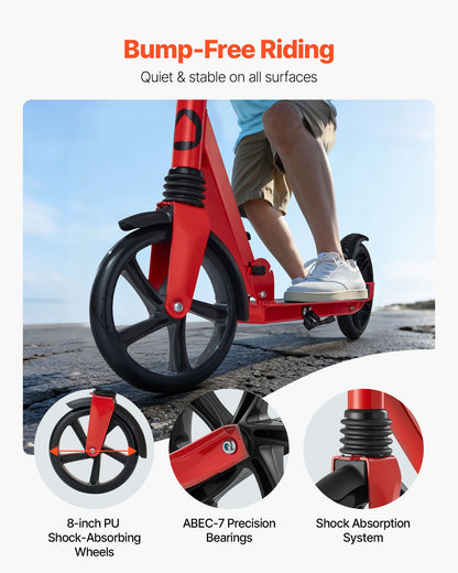 Kick Scooter for Kids Ages 8+, Teens & Adults, 2-Wheel Toddler Scooter with Adjustable Height Handlebar, Wide Anti-Slip Deck, Foldable Lightweight for Boys & Girls up to 99.8 kg, Red + Black