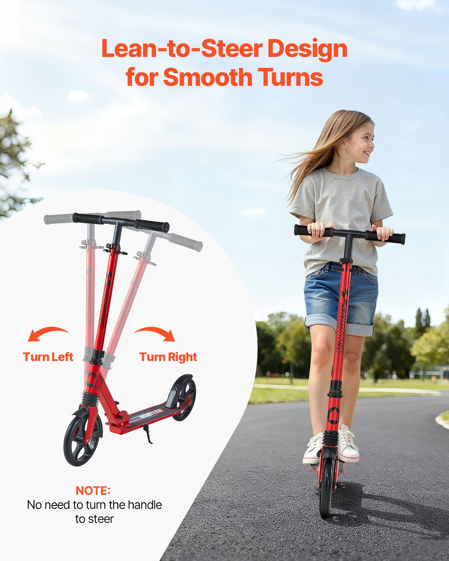 Kick Scooter for Kids Ages 8+, Teens & Adults, 2-Wheel Toddler Scooter with Adjustable Height Handlebar, Wide Anti-Slip Deck, Foldable Lightweight for Boys & Girls up to 99.8 kg, Red + Black