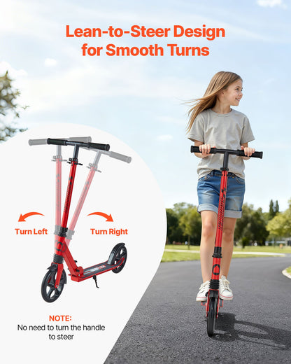 Kick Scooter for Kids Ages 8+, Teens & Adults, 2-Wheel Toddler Scooter with Adjustable Height Handlebar, Wide Anti-Slip Deck, Foldable Lightweight for Boys & Girls up to 99.8 kg, Red + Black