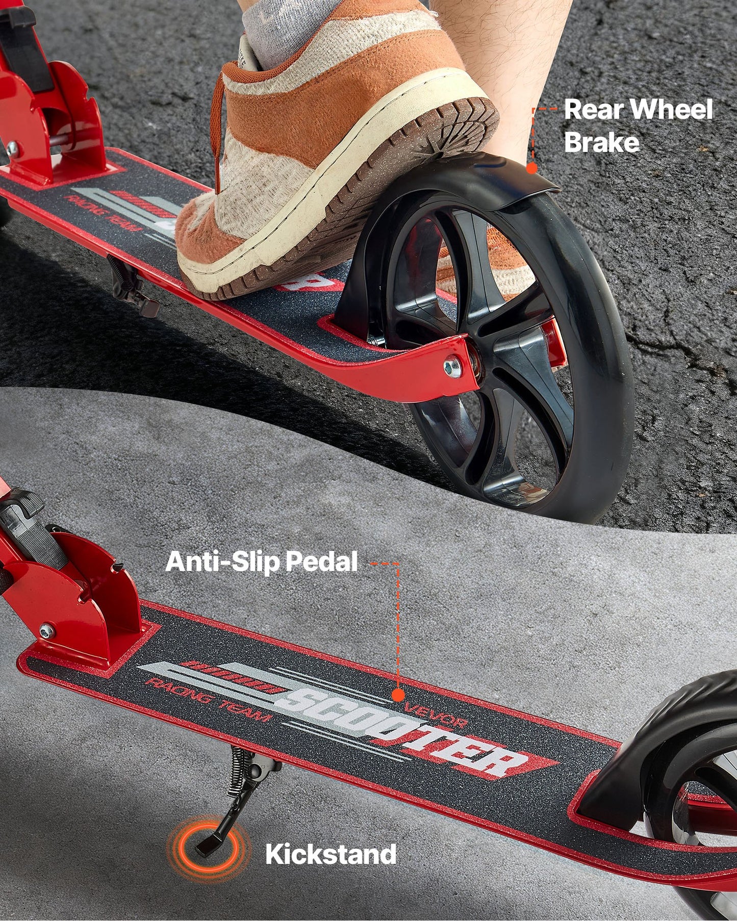 Kick Scooter for Kids Ages 8+, Teens & Adults, 2-Wheel Toddler Scooter with Adjustable Height Handlebar, Wide Anti-Slip Deck, Foldable Lightweight for Boys & Girls up to 99.8 kg, Red + Black