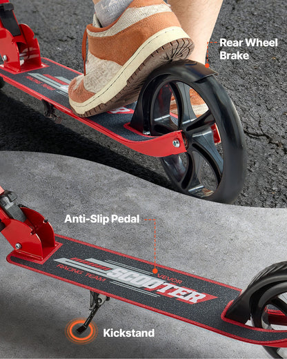 Kick Scooter for Kids Ages 8+, Teens & Adults, 2-Wheel Toddler Scooter with Adjustable Height Handlebar, Wide Anti-Slip Deck, Foldable Lightweight for Boys & Girls up to 99.8 kg, Red + Black
