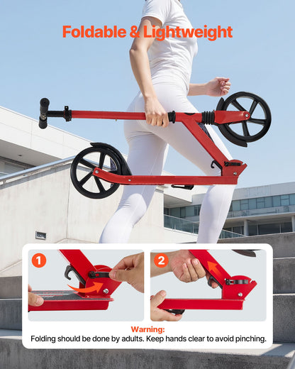 Kick Scooter for Kids Ages 8+, Teens & Adults, 2-Wheel Toddler Scooter with Adjustable Height Handlebar, Wide Anti-Slip Deck, Foldable Lightweight for Boys & Girls up to 99.8 kg, Red + Black